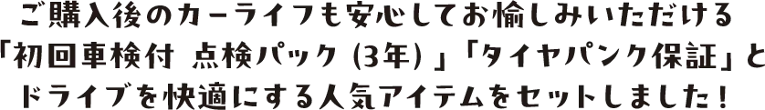 ご購入後のカーライフも安心してお愉しみいただける「初回車検付 点検パック（3年）」「タイヤパンク保証」とドライブを快適にする人気アイテムをセットしました！